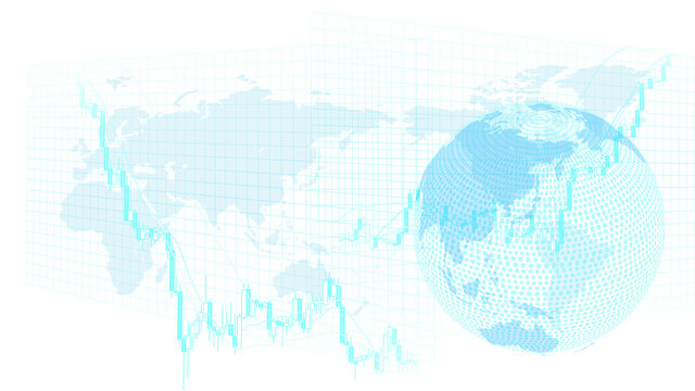 急落する株価チャートと世界地図白色背景イメージ