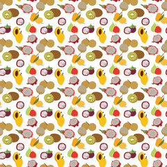 seamless tropical fruit pattern with mangosteen, nactarine, fig, mango, longan, banana, dragon fruit and canistel on white background.