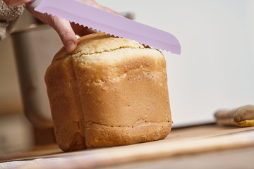 Hostess  holds  big knife in front of  loaf of bread