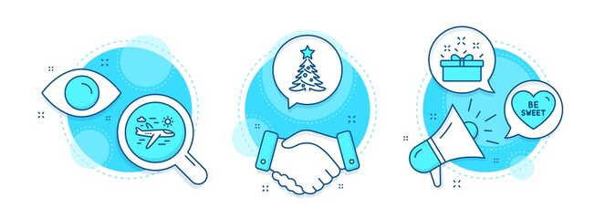 Airplane travel, Present box and Be sweet line icons set. Handshake deal, research and promotion complex icons. Christmas tree sign. Trip flight, Sale offer, Love sweetheart. Spruce. Vector