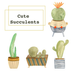 Watercolor illustration of a set of green exotic cacti. Hand-drawn with watercolors and suitable for all types of design.