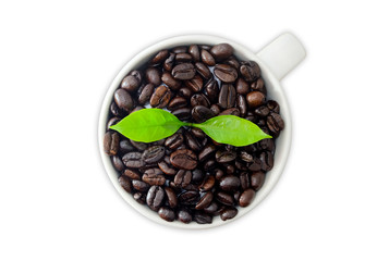 Coffee beans and green leaves in the white cup isolated on white background.