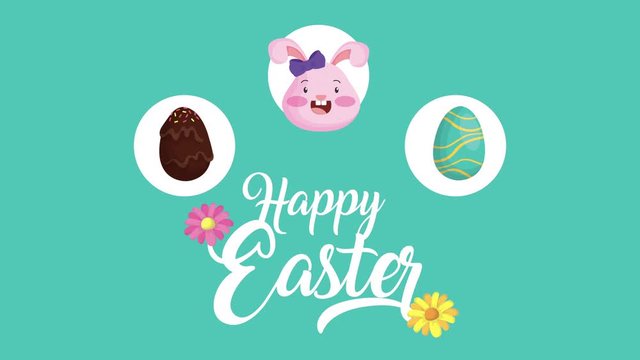 happy easter animated card with lettering and rabbit