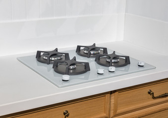 Kitchen interior with white gas stove closeup