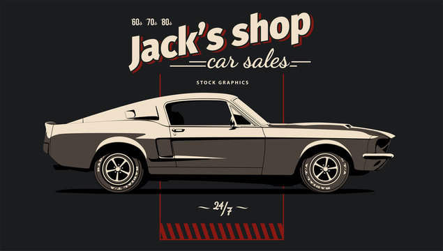 Classic muscle car in vector. Vintage style, solid colors.