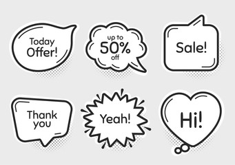 Comic chat bubbles. Sale, 50% discount and today offer. Thank you, hi and yeah phrases. Sale shopping text. Chat messages with phrases. Drawing texting thought speech bubbles. Vector