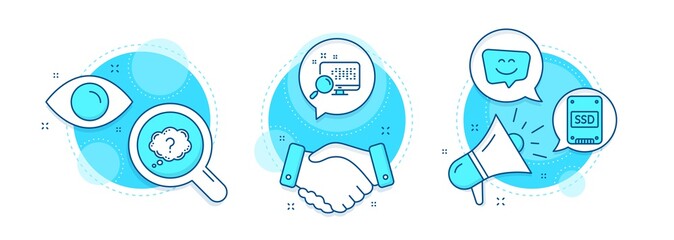 Ssd, Search and Smile face line icons set. Handshake deal, research and promotion complex icons. Question mark sign. Solid-state drive, Find file, Chat. Quiz chat. Business set. Vector