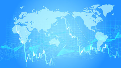 急落する株価チャートと世界地図青色背景イメージ
