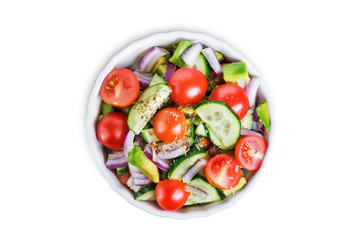 Cucumber tomato avocado red onion salad on a white isolated background