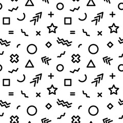 Memphis style seamless geometric pattern. Vector black and white pattern from geometric figures. Circles, triangles, stars, crosses and other shapes. Vector seamless Memphis style illustration