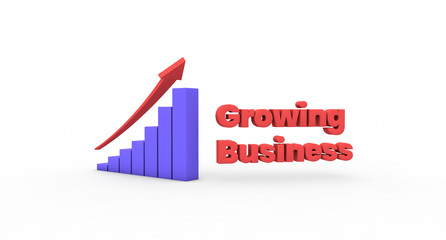 Growing business bar chart with an arrow. A concept for business development with 3D text. High resolution 3D render.