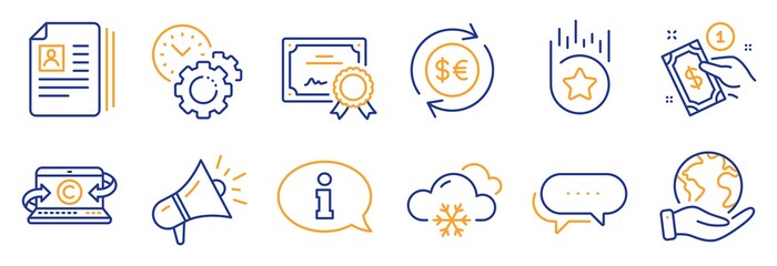 Set of Business icons, such as Payment method, Information. Certificate, save planet. Snow weather, Megaphone, Copywriting notebook. Dots message, Money currency, Loyalty star. Vector