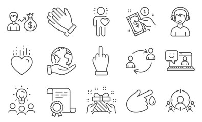 Set of People icons, such as Consultant, Gift. Diploma, ideas, save planet. Clapping hands, User communication, Middle finger. Smile, Payment method, Blood donation. Friend, Sallary, Heart. Vector