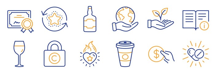 Set of Business icons, such as Medical drugs, Payment. Certificate, save planet. Wine glass, Takeaway coffee, Technical info. Heart flame, Loyalty points, Whiskey bottle. Vector