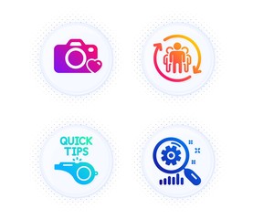 Photo camera, Teamwork and Tutorials icons simple set. Button with halftone dots. Search statistics sign. Love photos, Employees change, Quick tips. Analysis. Technology set. Vector