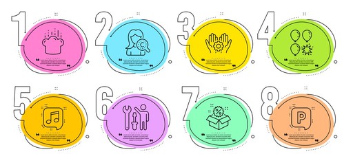 Parking, Employee hand and Balloon dart signs. Timeline steps infographic. Collagen skin, Sale and Repairman line icons set. Cooking hat, Musical note symbols. Skin care, Discount. Vector