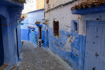 Old blue painted street in city of  Chefchaouen,Morocco.