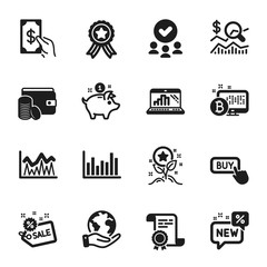 Set of Finance icons, such as Sale, Check investment. Certificate, approved group, save planet. Graph laptop, Bitcoin system, Loyalty points. Investment, New, Receive money. Vector