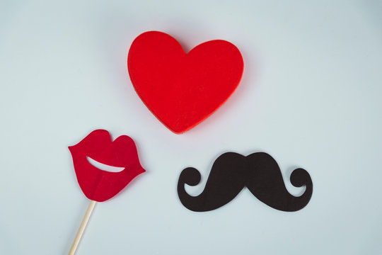 Photo booth props lips and Black Mustache and heart shape over white background
