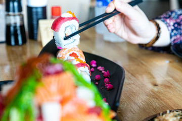 sashimi sushi set  on the wooden background,Japanese styl