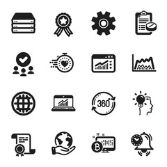 Set of Science icons, such as Trade chart, Web traffic. Certificate, approved group, save planet. Online statistics, Timer, Service. Full rotation, Medical prescription, Servers. Vector