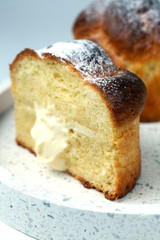 brioche with liquid filling cut in half