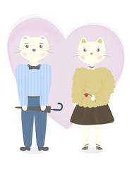 Cute couple of cat in modern clothes. Hand drawn vector cartoon illustration. Can be used for t-shirt print, kids wear fashion design, baby shower invitation card greeting card. Kids illustration