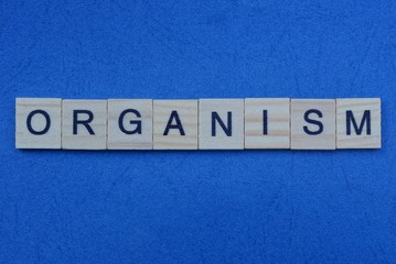  word organism made from gray letters lies on a blue background