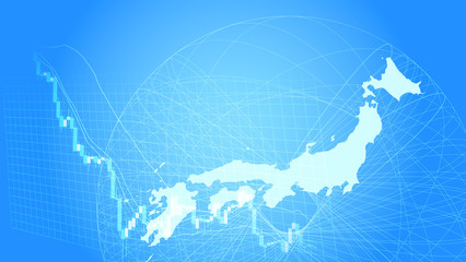急落する株価チャートと日本地図青色背景イメージ