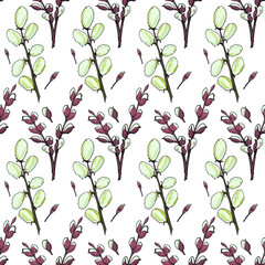 seamless background of flowering willow branches, isolated images on color backgrounds, doodles, for packaging design, design for Easter
