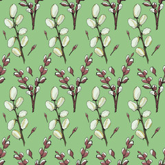 seamless background of flowering willow branches, isolated images on color backgrounds, doodles, for packaging design, design for Easter