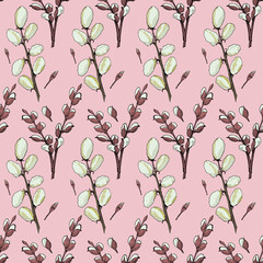 seamless background of flowering willow branches, isolated images on color backgrounds, doodles, for packaging design, design for Easter