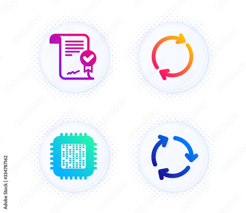 Poster full rotation, cpu processor and approved agreement icons simple set. button with halftone dots. rec