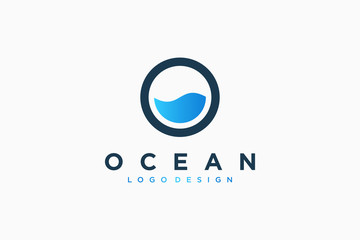 Abstract Sun and Water Sea Ocean Logo. Dark Blue Circle Line Sun with Blue Sea Water Drop inside. Usable for Business and Nature Logos. Flat Vector Logo Design Template Element.