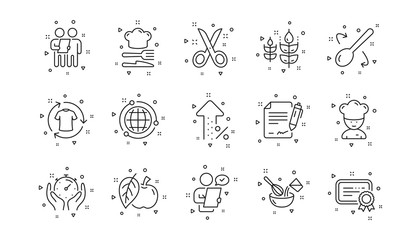 Scissors cutting, Certificate icons. Chef hat, Customer survey, Approved application line icons. Interest rate, gluten free. Linear set. Geometric elements. Quality signs set. Vector