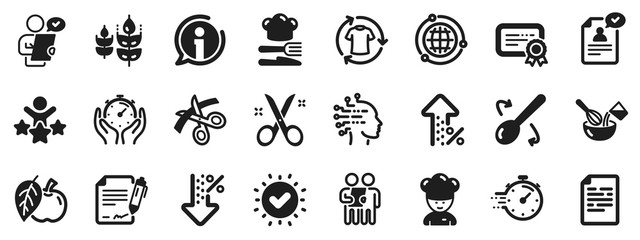Approved application, Scissors cutting ribbon, Artificial intelligence icons. Chef hat, Customer survey, Fast delivery icons. Percent decrease, interest rate, contract. Vector