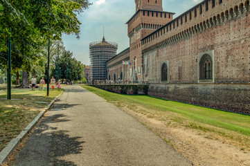 MILAN, ITALY - AUGUST 1, 2019: The Outer Wall of Castello Sforzesco - Sforza Castle in Milan