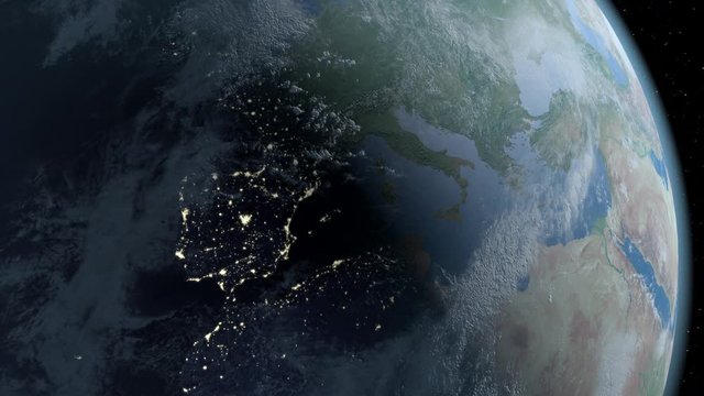 Spinning earth on europe. Day turns to night. 