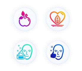 Eco food, Face cream and Local grown icons simple set. Button with halftone dots. Healthy face sign. Organic tested, Gel, Healthy cosmetics. Healthcare set. Gradient flat eco food icon. Vector
