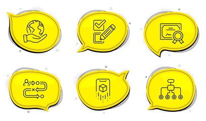 Checkbox sign. Diploma certificate, save planet chat bubbles. Augmented reality, Journey path and Restructuring line icons set. Phone simulation, Project process, Delegate. Survey choice. Vector