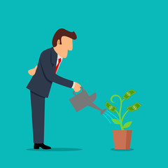 Businessman watering young plant with dollar leaves
