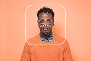 Futuristic Biometric Facial Scan. Identification of african man face.