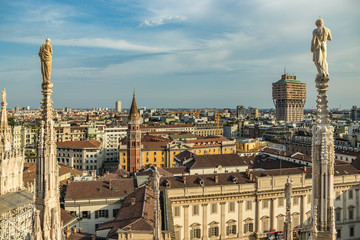 Fototapeta na wymiar Milan, Italy - Aug 1, 2019: Aerial View from the roof of Milan Cathedral - Duomo di Milano, Lombardy, Italy