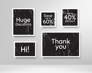 Save up to 60%, 40% huge discount. Black photo frames with scratches. Thank you phrase. Sale shopping text. Grunge photo frames. Images on wall, retro memory album. Realistic photograph card. Vector