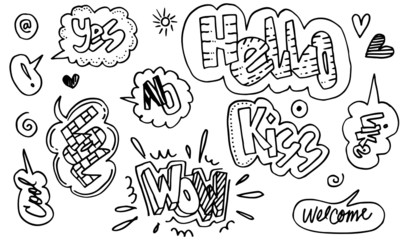 Hand drawn set of speech bubbles with dialog words:wow, cool,like,welcome,yes,lol,no,Hello, Love,kiss, Hi. Vector illustration.