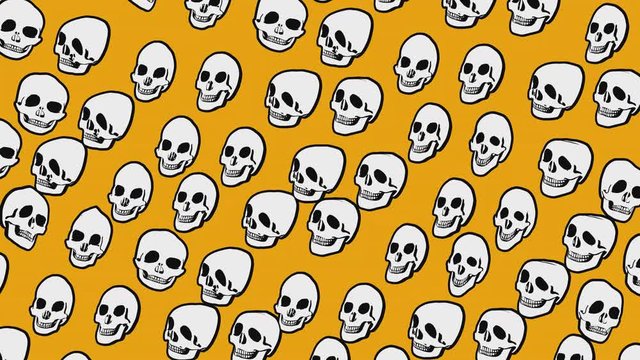 Seamless animation psychedelic skulls printed drawn style cartoon. Hypnotic halloween background with marker stroke effect on an orange backdrop.