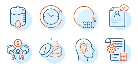 Idea head, Sharing economy and 360 degrees signs. Settings blueprint, Drop counter and Time change line icons set. Medical tablet, Resume document symbols. Report document, Medical equipment. Vector