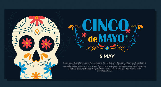 Cinco de Mayo on May 5th. Design banner for the federal holiday in Mexico with traditional Mexican symbols, skull, flowers, Mexican cacti, red pepper, maracas, sombrero.