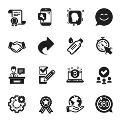 Set of Business icons, such as Timer, Head. Certificate, approved group, save planet. 360 degrees, Water bottle, Phone repair. Exhibitors, Smile chat, Bitcoin. Vector