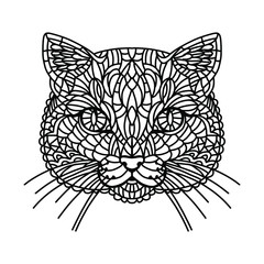 Cat's portrait stylized. Hand drawn, line art black and white doodle illustration design for coloring book page